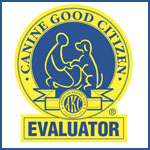 Blue and yellow circular badge reading Canine Good Citizen, AKC, Evaluator, showing a person kneeling with a dog