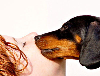 A woman lying back with her eyes closed while a black and tan Doberman leans in to nuzzle her cheek, against a white background.